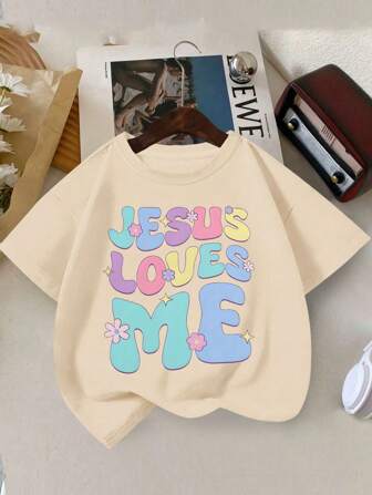 Tween Girl Slogan And Flowers Print Crew Neck T-Shirts Spring And Summer Girl's Casual Tee Soft Tops