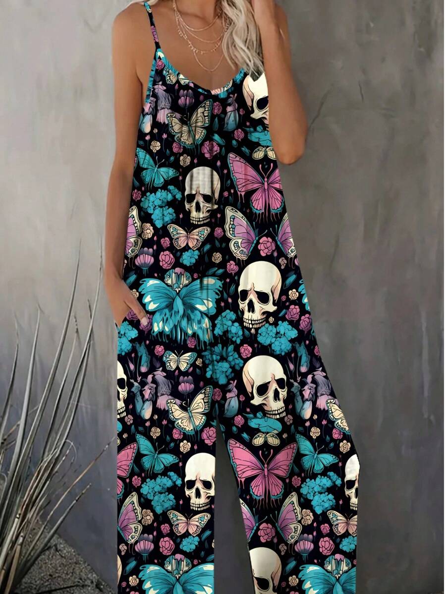 Summer Fashionable Skeleton Print Jumpsuit, Knitted Material With Pockets, Suitable For Festivals And Daily Wear, Spring/Summer - Blue - View 1