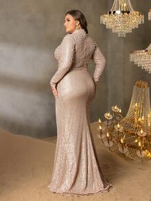 Faeriesty Curve Plus Elegant Sequin Evening Gown With Long-Sleeve Mermaid Silhouette & Dramatic Side High Slit – Sophisticated Pearls Details For Luxury Academic Galas, Heritage Estate Banquets & Red Carpet Events - Champagne - View 2