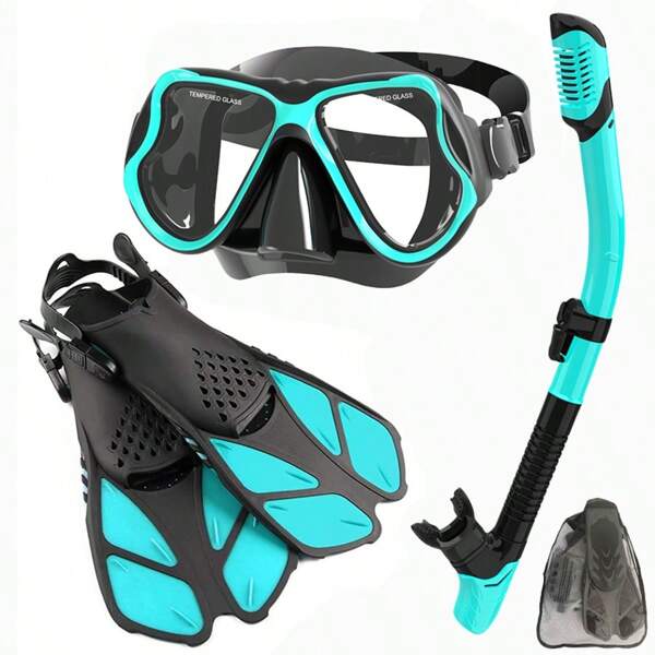 3pcs Snorkeling Set, Includes Anti-Fog Snorkel Mask, Swimming Fins, Storage Bag - Universal Snorkeling & Swimming Equipment, Water Sport Gear, Travel Snorkeling Set