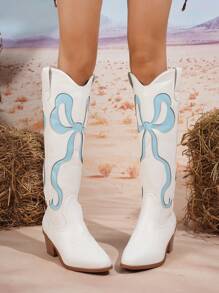 Women's Hollow Out Butterfly Wing Embroidered Western Cowboy Boots, Leather Outer, Outdoor Fashion, New Spring & Autumn Design, Over-The-Knee Length