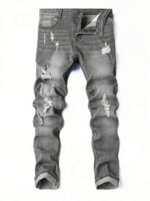 1 件男士灰色弹力紧身破洞百搭牛仔裤，户外舒适休闲工装紧身牛仔裤，Y2K 风格，适合作为送给丈夫/男朋友的礼物，日常穿着