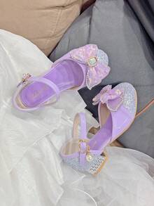 Scarpe con tacco alto e spesso per ragazze, con fiocco decorato con cristalli, luccicanti, adatte per principesse, occasioni di festa, multistag ione - Viola - Visualizzare 3