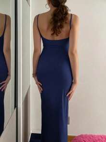 Long Dress With Straps Without Padding, Plain, Elegant, Parties, Sensual, Tight, Butt-Lifting, Suplex Fabric, Fashion, Summer, Sleeveless, 2025, Basic Evening - 藏蓝色 - 查看 3