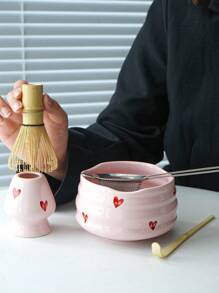 1pc/2pcs/4pcs/5pcs Pink Heart Ceramic Matcha Tea Set, Cute Matcha Utensils Combo Includes Matcha Bowl, Whisk And Stand, Bamboo Spoon, Sifter, Ideal For Matcha Lovers And Beginners, Great Gift For Mother's Day Back To School