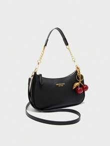 New Fashion Classic Versatile PU Waterproof Fabric M Letter Pattern Shoulder Bag, Printed Design Metal Chain Decoration Design French Baguette Bag, Women's Shoulder Bag Suitable For Shopping. Commuting, Travel Use. - 黑色 - 查看 2