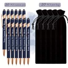 20 pezzi Penne a sfera personalizzabili + 20 pezzi Custodie nere per penne, punta fine, corpo in alluminio, cappuccio retrattile, scrittura fluida, leggere, con molletta, compatibili con touch screen, adatte per informazioni e regali personalizzati, utilizzabili come regali di inizio scuola, forniture scolastiche