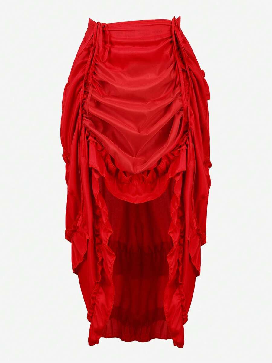 Women's Steampunk Skirt Ruffle High Low Outfits Medieval Renaissance Skirts Cosplay Elegant High Waist - 紅色 - 查看 1