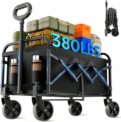 Small Collapsible Wagon With Wheels, Foldable Carts With 300lbs Load Capacity, Dog Wagon, Utility Shopping Cart For Groceries, Sports, Camping, Garden, Fishing, Black