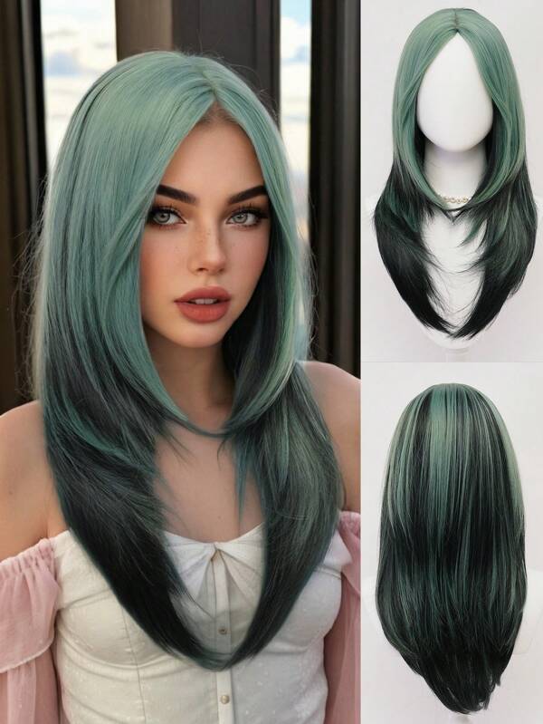 XYUNMI Charming Green Highlights Black Long Straight Wig 26 Inch Multi-Layer Lightweight Breathable Women's Heat Resistant Synthetic Wig For Daily Wear Party Date Elegant Fashion Simple Costume Wig Cosplay Halloween Christmas Wig