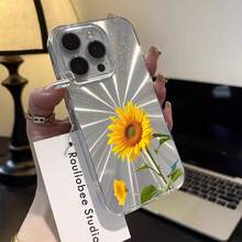 Bright Yellow Sunflower Single Bloom White Background-Angle-Changeable Firework Phone Case|Multi-Dimensional Sparkle Effect |Anti-Slip, Shockproof For IPhone [X/11/12/13/14/15/16 Pro Max], Girls Aesthetic Accessories - White - View 3