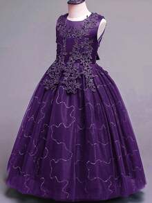 Flower Girls Tulle Lace Princess Pageant Festival Bridesmaid Carnival Floor Long Prom Dance Formal Evening Maxi Dresses - 紫色 - 查看 4