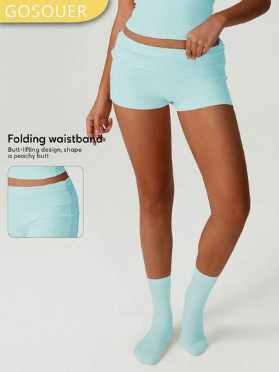 Women's Solid Color Simple Waist Folded Pleated Design Short For Casual Yoga Sports Running Fitness