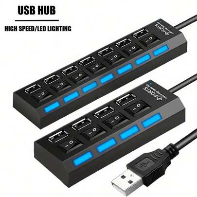 7 端口/4 端口 USB 2.0 集线器适配器带 LED 灯，独立电源开/关开关，适用于电脑、平板电脑、笔记本电脑 [仅支持数据传输，不支持充电]