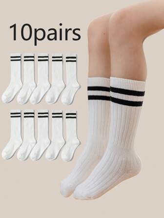 10 Pairs Kids Minimalist Socks, Solid Color & Striped Daily Casual Socks, Soccer Sports Mid-Calf Crew Socks