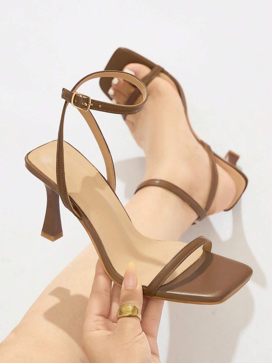 Women's Crystal Decor Open Toe Slip-On Chunky High Heel Sandals, Fashionable & Comfortable For Daily Wear, Outdoor, Gathering, Summer, Brown Mules - Brown - View 1