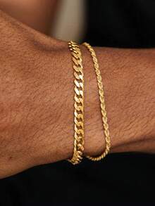 2 件/套简约风格不锈钢电镀金链手链套装男士，优雅时尚，适合日常佩戴，适合作为男友礼物