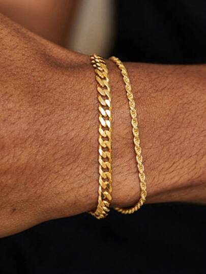 2 件/套简约风格不锈钢电镀金链手链套装男士，优雅时尚，适合日常佩戴，适合作为男友礼物