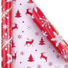 圣诞礼品包装纸卷，双面印刷雪花、圣诞树、驼鹿图案红色礼品包装纸，17 英寸 * 32.8 英尺艺术纸，双面圣诞驯鹿和雪花礼品包装纸卷带贴纸，白色/红色，非常适合节日礼物和家庭礼物 - 彩色 - 查看 8