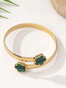 1 Peça Pulseira Aberta Ajustável de Moda Feminina, Presente de Joias Minimalista e Elegante - Trevo de quatro folhas verde - Visão 3