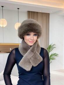 1 件欧美时尚休闲百搭蒙古帽，渔夫帽搭配人造毛皮围巾 - 彩色 - 查看 8