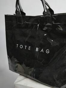 Large Capacity Fashionable Transparent Jelly Bag PVC Waterproof Shopping Bag, Korean Neutral Style Tote Bag, INS Fashionable Retro Casual Street Hipster Tote Bag, Japanese Slouchy Bag, Suitable For High School And University Students Going To School, Gym/Yoga/Travel Bag Or Mommy Bag, Letter Print Minimalist Celebrity-Inspired Creased Texture High-End Quality Multi-Layer Paper Handbag Winter Gifts - Black - View 3