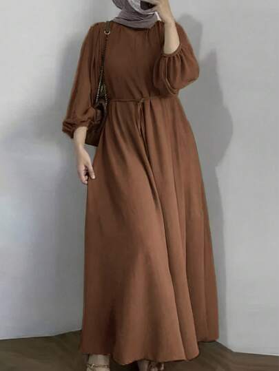 Women's Non-Stretch Brown Arabic Style Long Dress, Round Neck Long Sleeve Design, Flowing Woven Fabric Full Length Gown