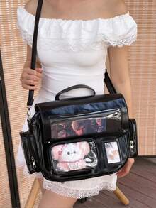 Japanese New PU Leather Fashion Y2K Style Chain Transparent Badge Hanging Bag, Suitable For Daily Leisure And Street Commuting, Multi-Functional Large-Capacity Single-Shoulder Cross-Body Backpack, Idol Support Bag, Can Place Small Objects - Black - View 3