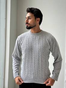 Men's Knitted Sweater With Braids, Round Neck, Long Sleeves And Comfortable Fit, Moda Inveno Rosana Malhas - 灰色 - 查看 1