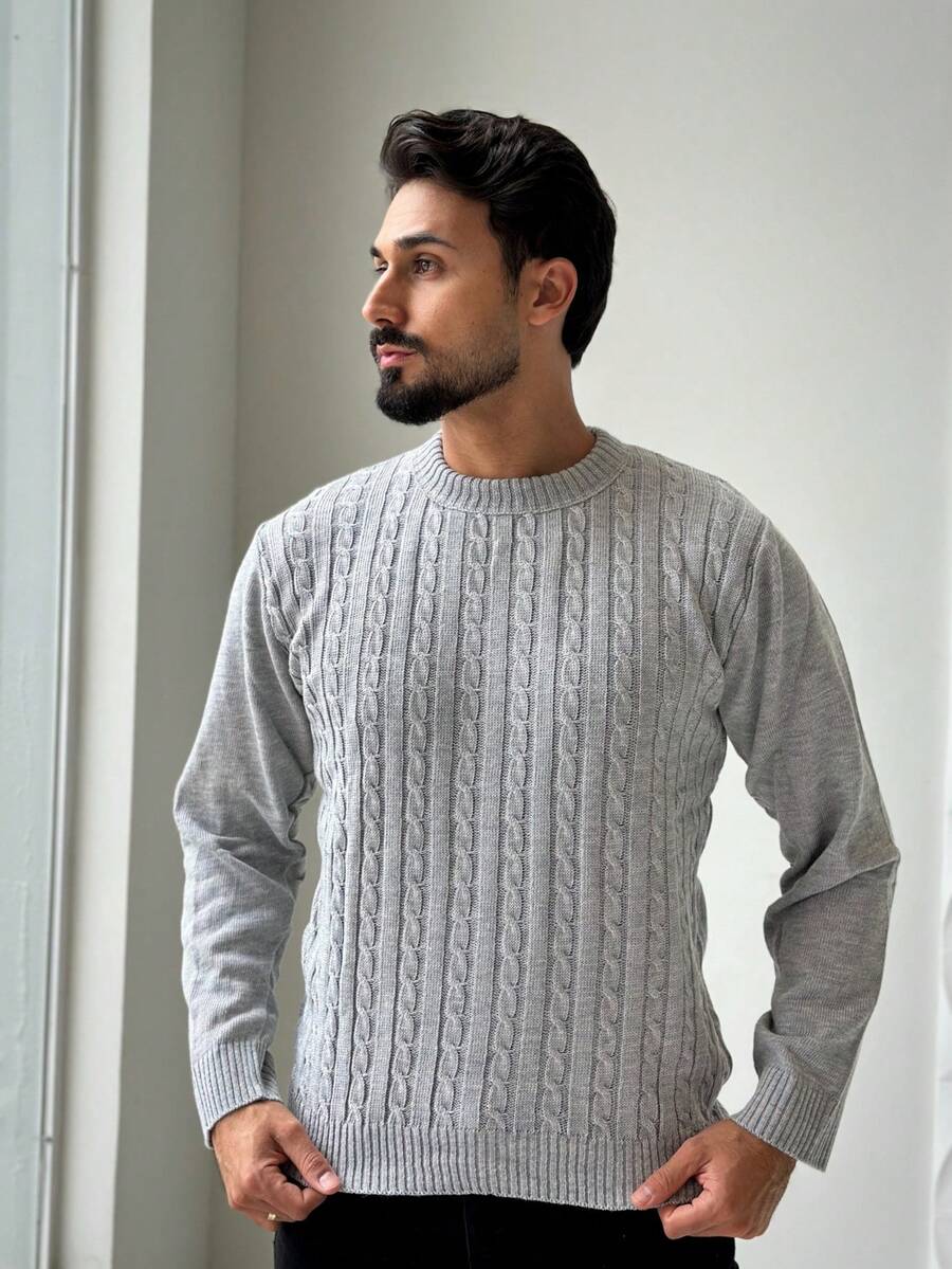 Men's Knitted Sweater With Braids, Round Neck, Long Sleeves And Comfortable Fit, Moda Inveno Rosana Malhas - 灰色 - 查看 1