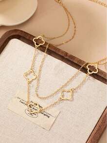 1 件镂空四叶草吊坠链项链，优雅精致的女性设计，欧美风格 - 金黃色 - 查看 3