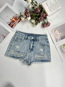 Women's Casual Ripped Denim Shorts Non-Stretch Frayed Hem Light Wash - Blue - View 7