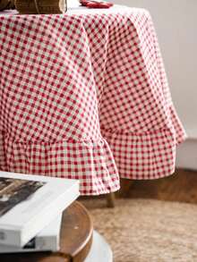 1pc Red Plaid Round Tablecloth, American Vintage Style With Ruffled Edge, Kitchen & Living Room Decor, Valentine's Day Dining Table Cloth - Multicolor - View 4