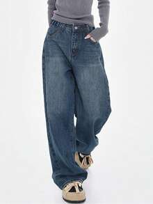 Teen Girl Retro American Style Loose Straight Leg Dark Blue Jeans, Snug Fit - Blue - View 5