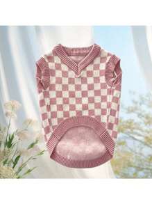 1pc Dog Plaid V-Neck Puppy Sweater, Pink/White Cat Knit Pet Clothes, Prevents Shedding, Suitable For Indoor/Outdoor Wear