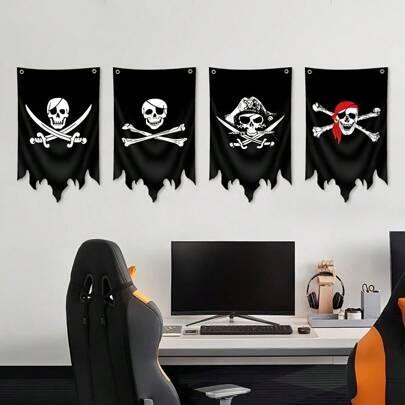 1/4 piezas Banderas de pirata Bandera de Jack Rackham Decoraciones de Halloween al aire libre Cumpleaños Espada ancha pirata desgarrada Viejo cráneo Huesos Bandera Banderines Suministros de fiesta de cumpleaños de pirata Decoración
