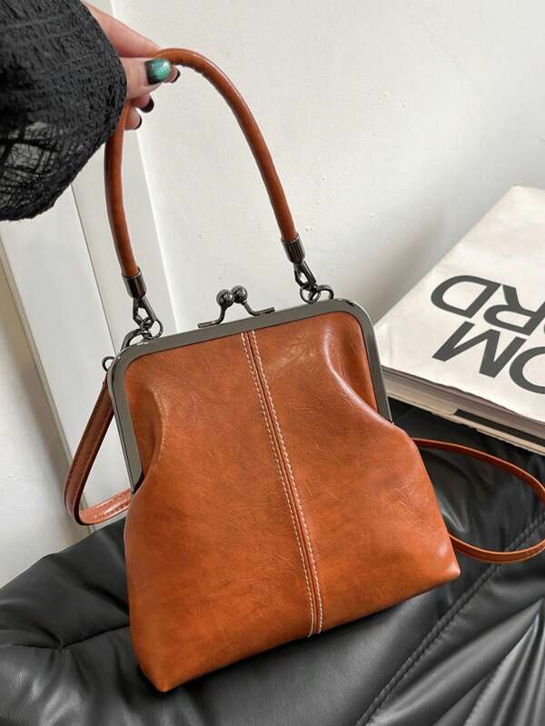 Bolsa transversal vintage para mulheres, mini bolsa estilo retrô com fecho Kiss Lock e alça de ombro ajustável, bolsa urbana leve de cor sólida com forro de poliéster, para casal