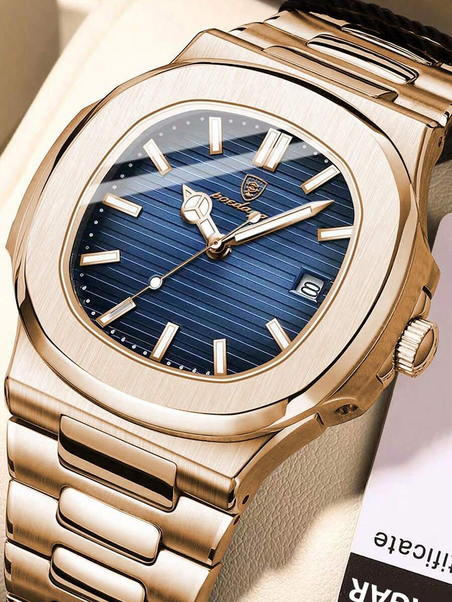 POEDAGAR 1pc Luxury Men's Stainless Steel Date Quartz Watch, Business Waterproof Luminous Hands Square Watches For Men, Man Wristwatch With Box Suitable For Gift Giving, Father's Gifts - 藍色 - 查看 1