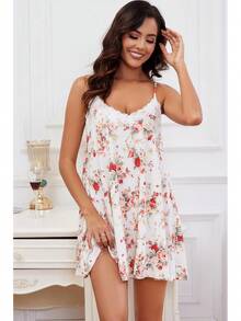 Nightgowns Women Lace Sleepwear Short Night Gowns Sleeveless Chemise Nighty - 櫻桃紅 - 查看 9