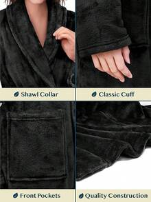 Women Robe Fleece Plush Soft, Fluffy Fuzzy Cozy Warm Lightweight Bathrobe, Shower Spa House Long Robe Women - màu đen - Xem 3