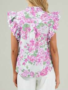 女士印花双层荷叶边袖口纽扣衬衫，适合度假/休闲/工作场合，荷叶边袖子设计