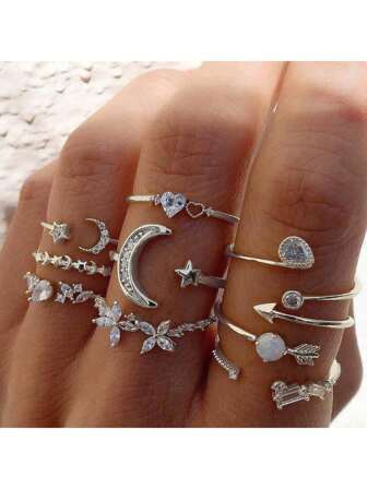9pcs Minimalist Korean Style Colorful Crystal Y2K Flower Split Rings Set, Elegant Gift For Women, Suitable For Vacation, Date, Daily, Party