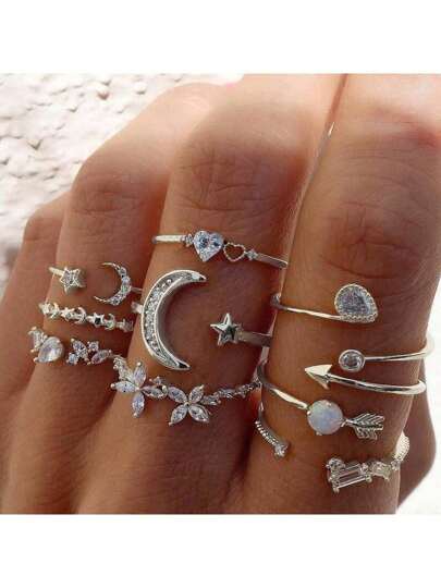 Set di 9 anelli in stile minimalista con strass a forma di cuore, stella, luna e fiore, gioielleria di moda coreana, regalo per le donne, adatto per uso quotidiano (senza scatola)