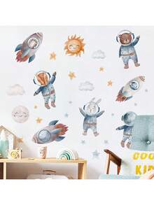 太空冒险卡通火箭墙贴适用于儿童房 - 可移除银河动物墙贴，儿童房装饰，可爱宇航员猫星球墙壁艺术 - 彩色 - 查看 2