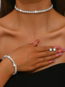 4 件套新娘配饰套装，时尚方晶锆石泪珠项链和耳环，婚礼珠宝