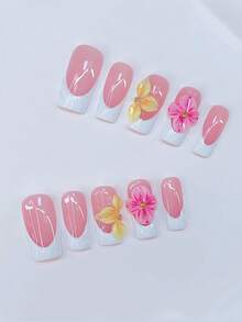 Bộ 10 móng tay giả hình ống Y2K - Làm thủ công, Móng tay màu hồng, Phong cách Pháp trắng, Hoa 3D màu hồng và vàng thủ công với lõi hoa bi thép nhỏ màu vàng, Thiết kế họa tiết 3D trong suốt vẽ tay, Điểm nhấn bi thép nhỏ màu vàng lấp lánh - Thích hợp cho phụ nữ và trẻ em gái, Tiệc tùng, Đám cưới, Trang phục hàng ngày, Bao gồm bộ dụng cụ. Móng tay vuông. Móng tay giả thủ công. Đồ làm móng Đồ làm móng - Nhiều màu - Xem 1