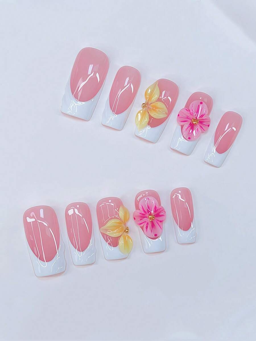 Bộ 10 móng tay giả hình ống Y2K - Làm thủ công, Móng tay màu hồng, Phong cách Pháp trắng, Hoa 3D màu hồng và vàng thủ công với lõi hoa bi thép nhỏ màu vàng, Thiết kế họa tiết 3D trong suốt vẽ tay, Điểm nhấn bi thép nhỏ màu vàng lấp lánh - Thích hợp cho phụ nữ và trẻ em gái, Tiệc tùng, Đám cưới, Trang phục hàng ngày, Bao gồm bộ dụng cụ. Móng tay vuông. Móng tay giả thủ công. Đồ làm móng Đồ làm móng - Nhiều màu - Xem 1