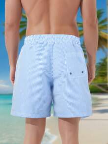 男式竖条纹抽绳腰泳裤 - 淺藍色 - 查看 2