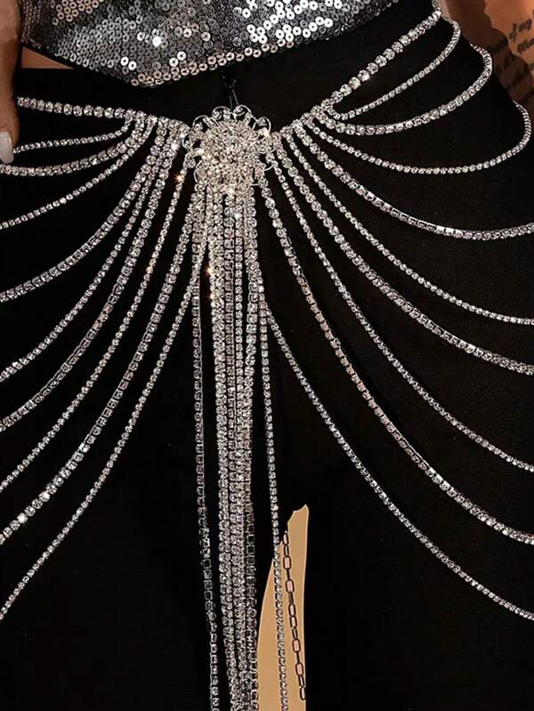 1 pièce Robe à longues franges avec strass pour femmes, ceinture fleurie, chaîne de corps, bijou de cristal, jupe argentée pour scène, accessoires de fête