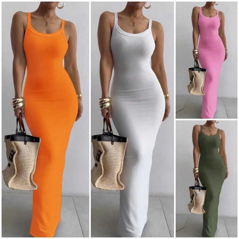 Vestido largo informal de mujer de ChicMe con tirantes fino y escote en U, vestido camiseta ajustado para fiesta y club - Naranja - Ver 1
